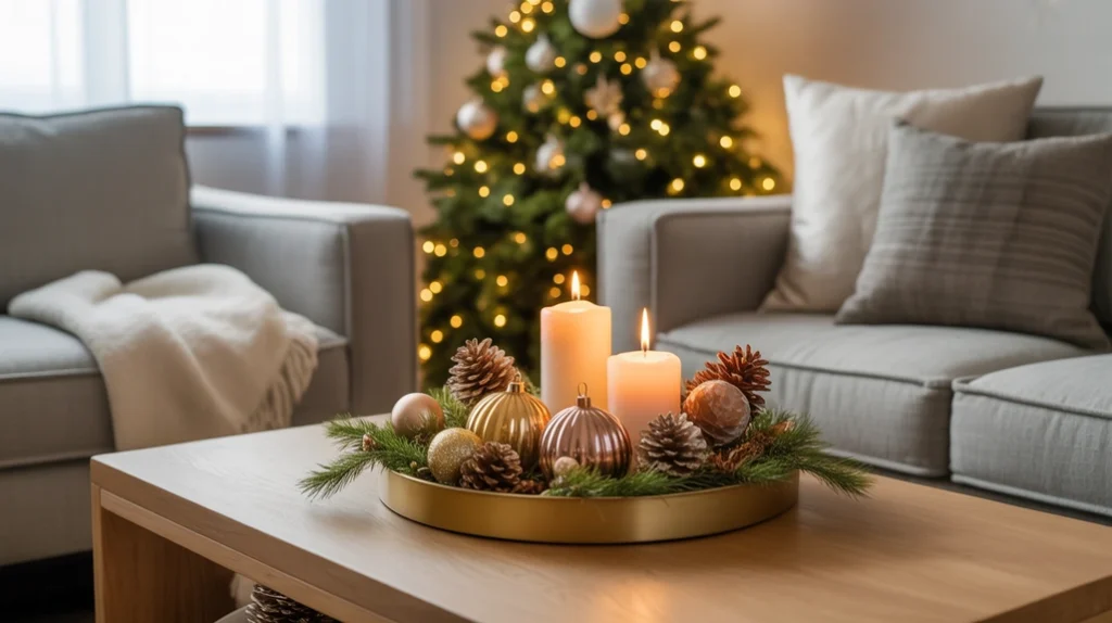 elegant living room centerpiece decor for cozy Christmas gatherings