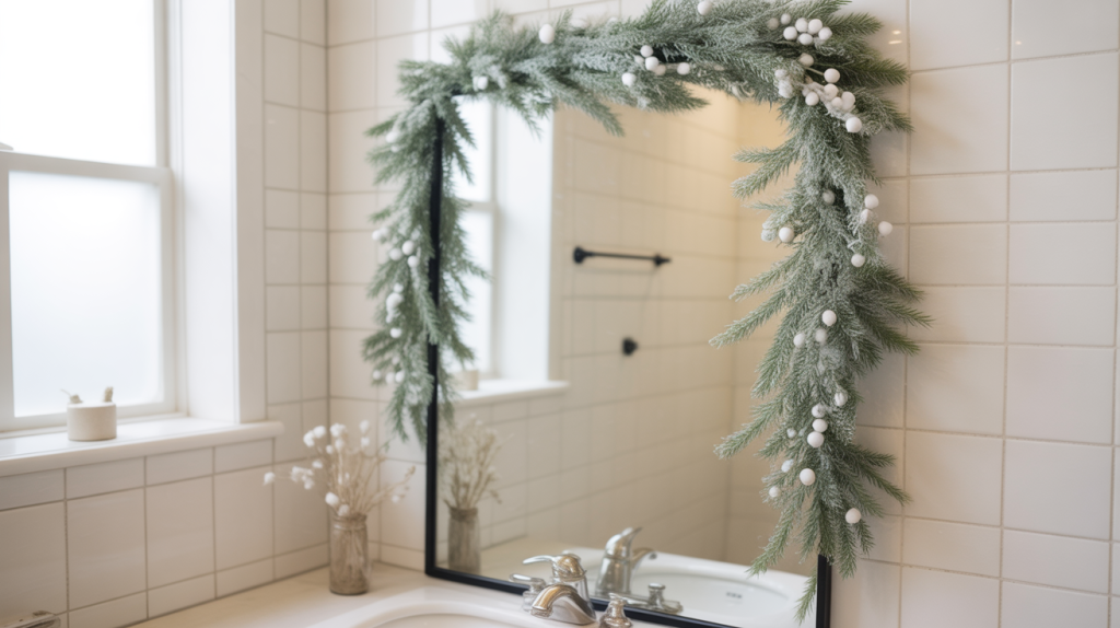 mirror decorated with slim frosted garland for a snowy winter bathroom look