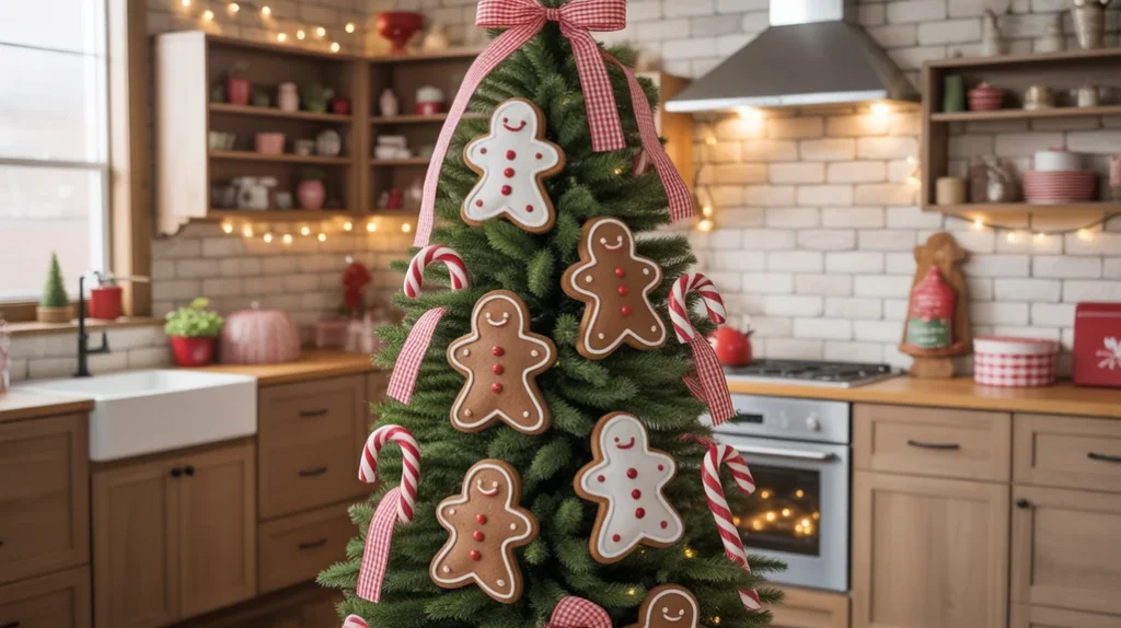 Gingerbread cookie-inspired holiday tree with candy cane details and rustic kitchen decor