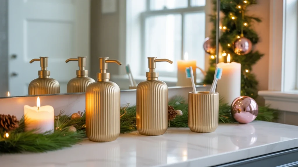 gold soap dispensers and vanity accessories arranged with christmas greenery and candles