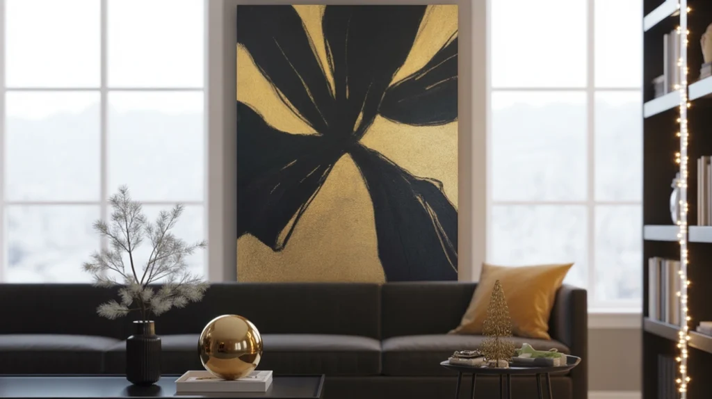 Black and gold abstract wall art adding elegant holiday charm to modern Christmas living room.