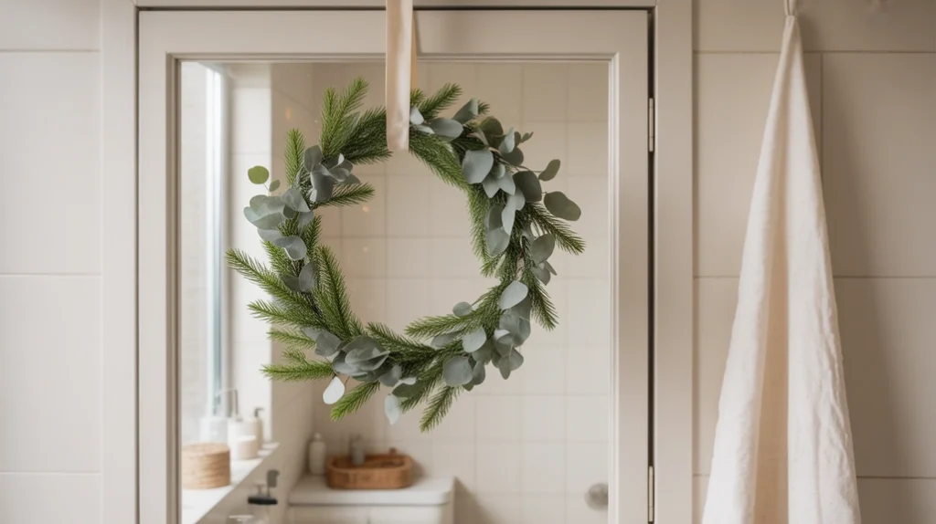 Simple greenery wreath made from eucalyptus and pine for a calm natural Christmas bathroom accent.