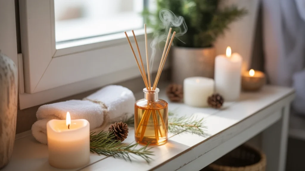 pine-scented diffuser adding winter fragrance to a small bathroom