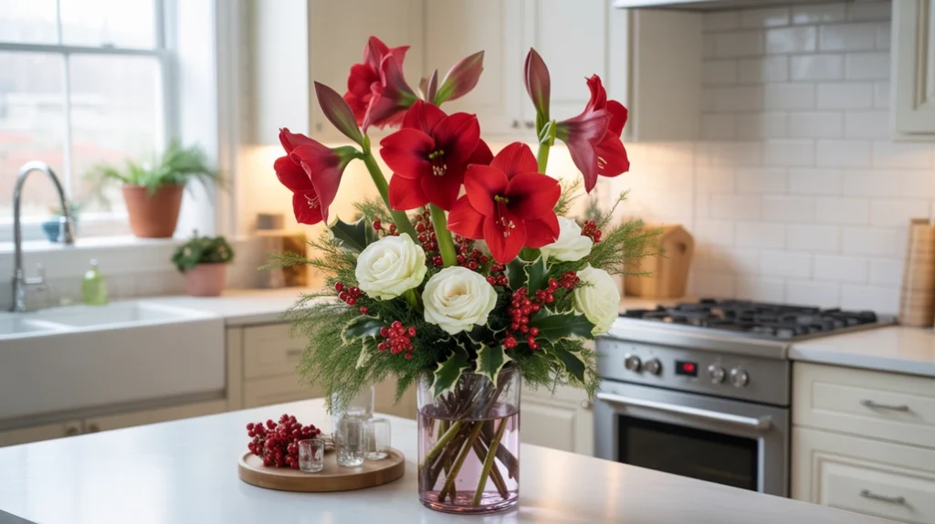 Vase of red and white winter flowers with holly berries creating elegant floral Christmas kitchen island arrangement