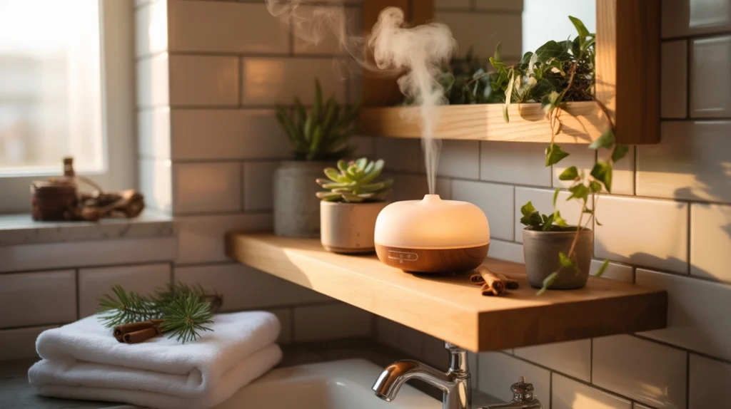 winter-scented diffuser with pine fragrance adding warm seasonal aroma to the bathroom