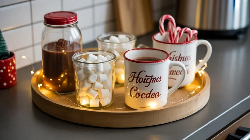 hot cocoa tray with marshmallows, cocoa jars, candy canes, and warm glowing christmas lights
