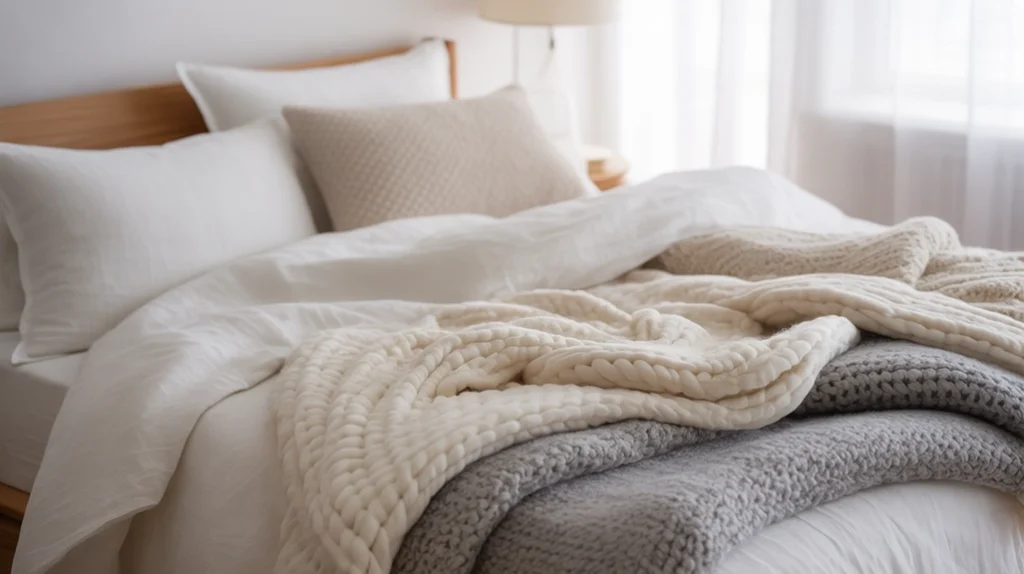 Linen sheets, knitted blankets, and cotton duvets layered for cozy Scandinavian Christmas bedding