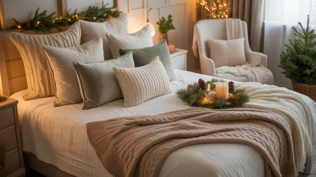 Layered pillows and blankets adding warmth and comfort in Christmas guest bedroom