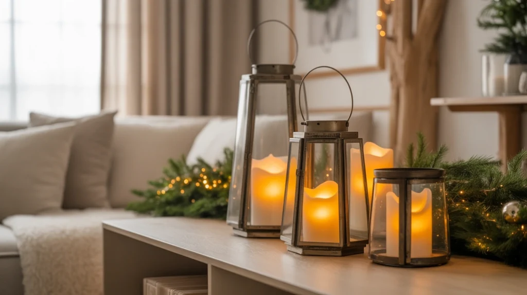 LED flameless candles glowing safely inside lanterns and garlands for modern Christmas home ambiance.