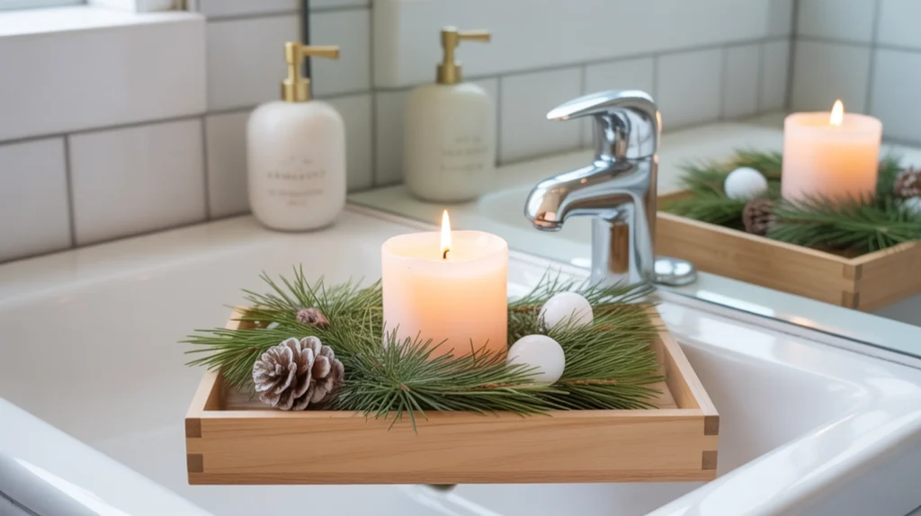 light wooden tray decorated with greenery and candles for a nordic christmas bathroom vignette