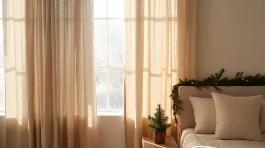 light linen curtains in beige tones creating an airy, minimal holiday bedroom ambiance