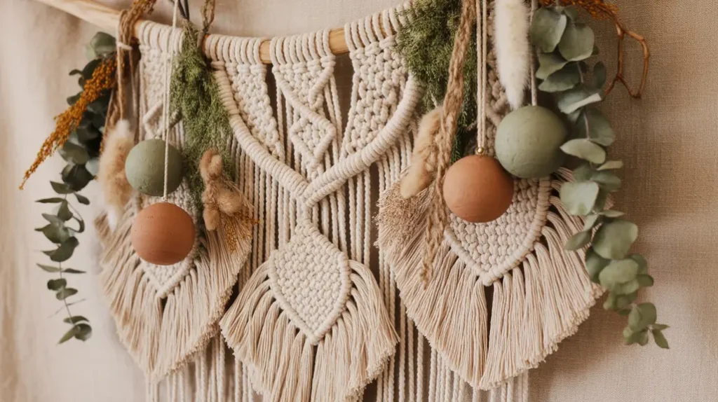 Macrame wall hanging and handmade ornaments styled with greenery for whimsical boho Christmas bedroom