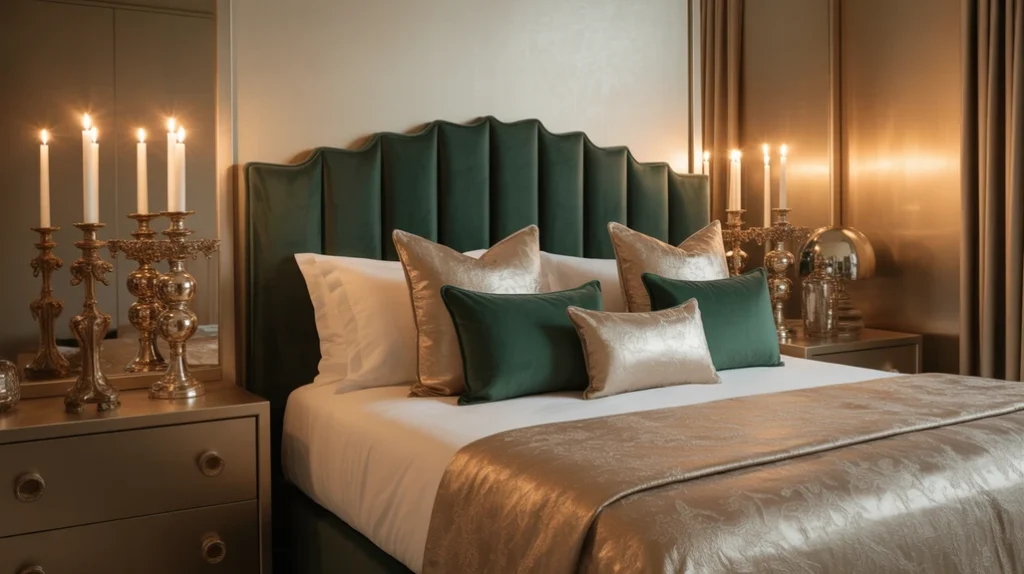 Metallic and velvet Christmas decor combining gold accents with emerald and navy velvet pillows