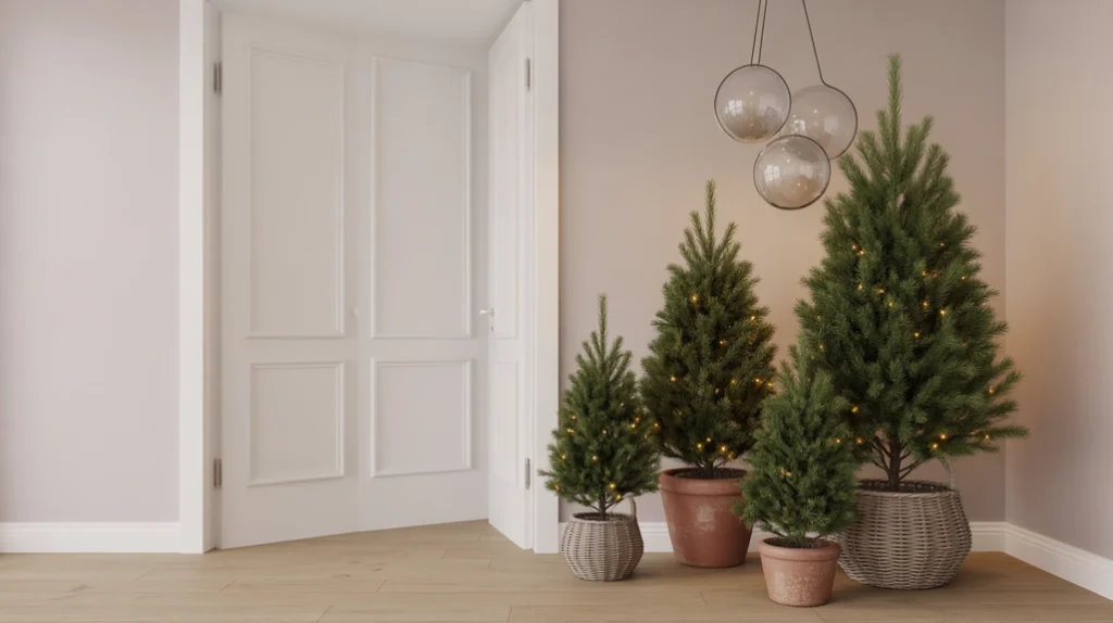 Mini Scandinavian Christmas trees in clay or woven pots for a Nordic entryway look”