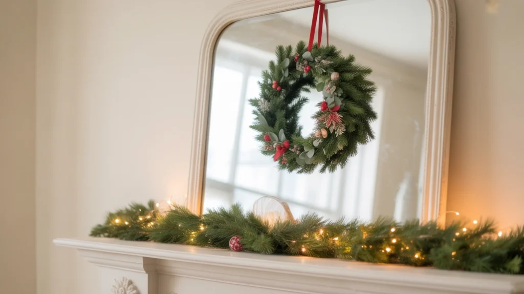 “small pine wreath hanging on a bathroom mirror with simple holiday charm”
