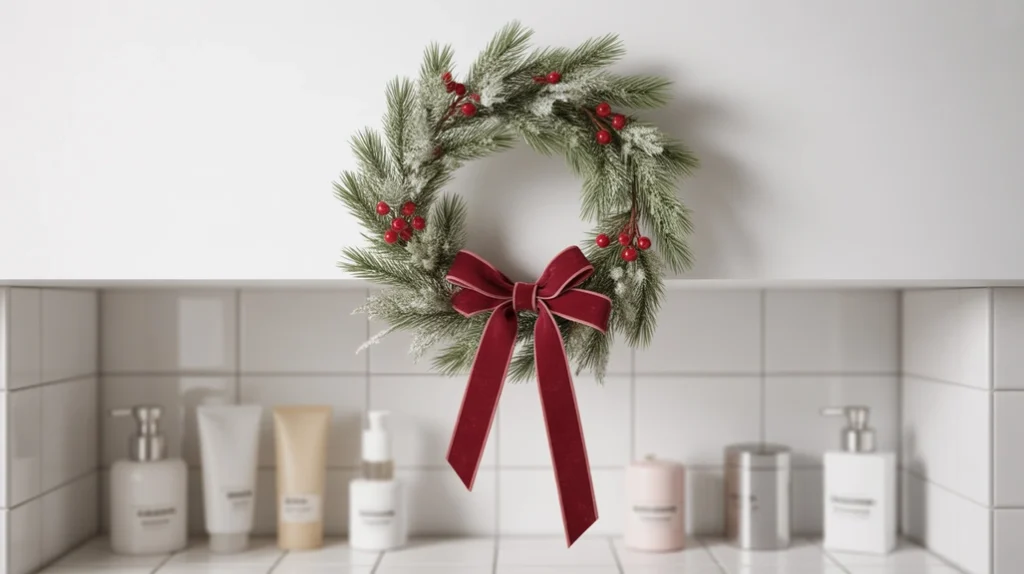 mini Christmas wreath placed above bathroom shelf with frosted greenery accents