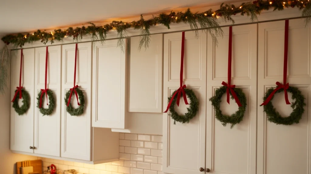 white kitchen cabinets with mini christmas wreaths and ribbon bows for a festive cozy feel