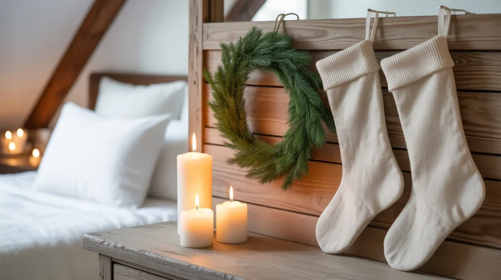 Simple pine wreath and candles styled for minimalist rustic modern Christmas bedroom