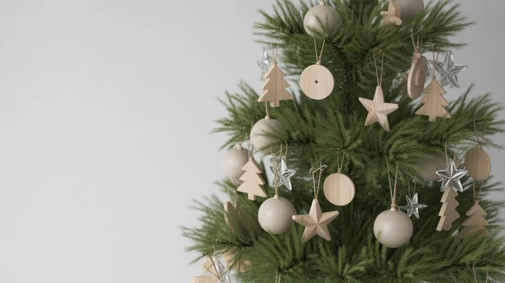 “Minimalist Christmas tree decorated with handcrafted wooden ornaments and ceramic baubles in Nordic design style.”