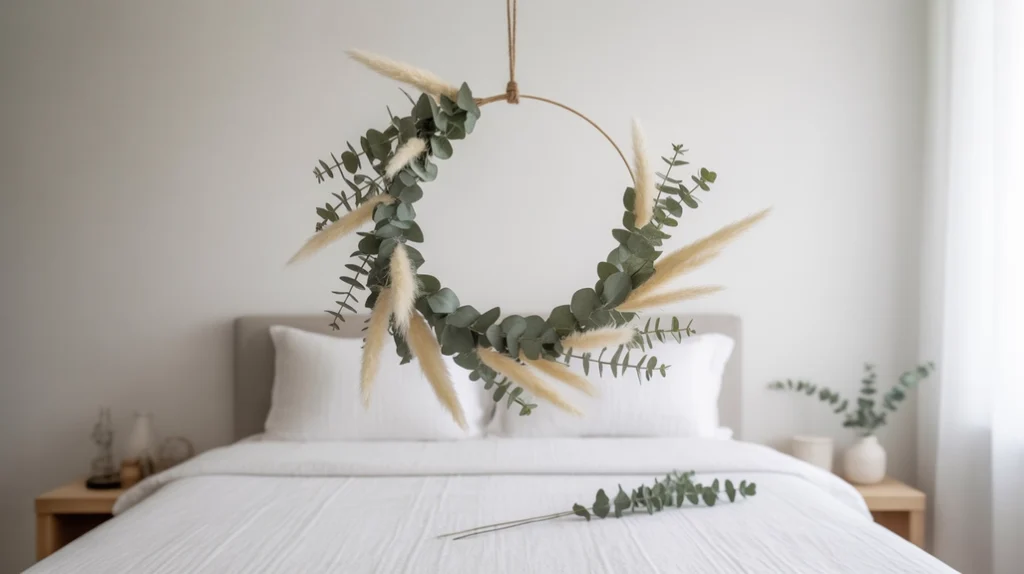 Minimal Christmas wreath made of eucalyptus hanging above bed for modern festive aesthetic