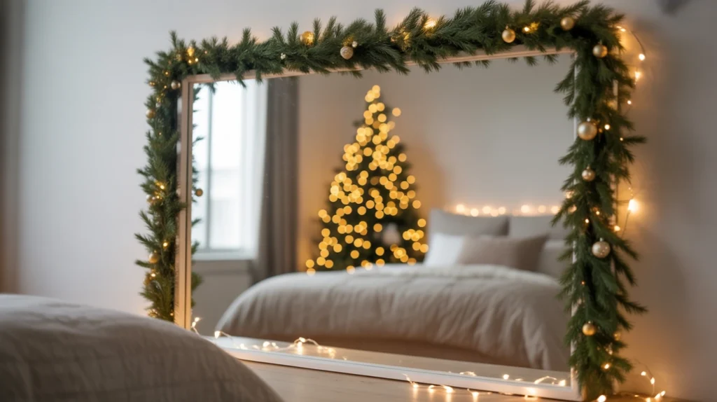 Mirror reflecting fairy lights and garland in compact holiday apartment bedroom