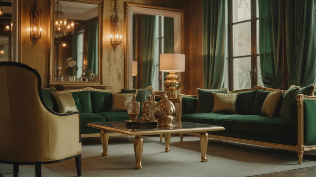 Living room decorated with mixed metallic gold finishes and emerald textiles for a layered, luxurious Christmas design.
