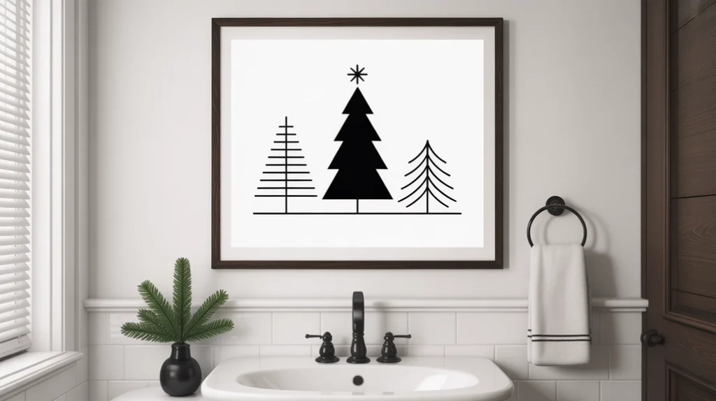 minimalist winter wall art adding subtle christmas style to a clean modern bathroom