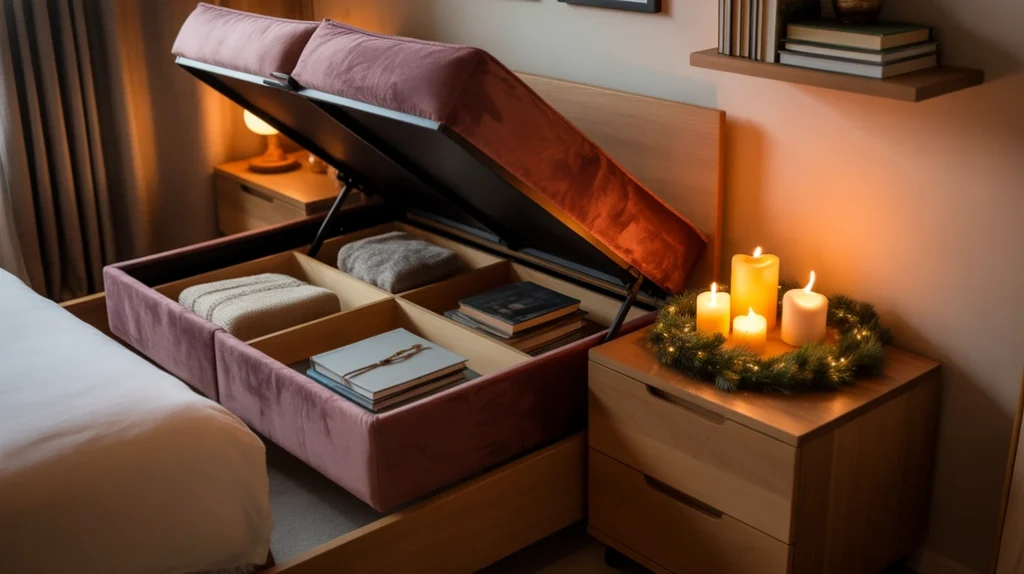 Multi-purpose furniture with built-in storage and Christmas decor accents