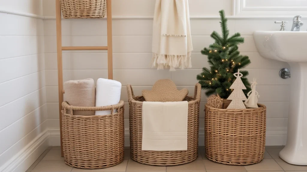 jute and seagrass baskets styled with soft holiday decor in a neutral bathroom