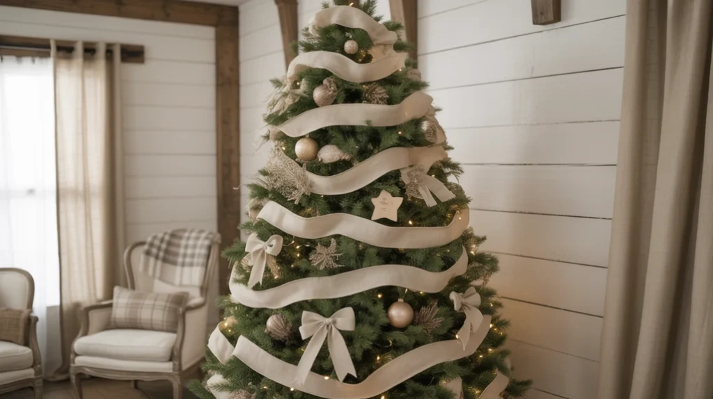 Neutral farmhouse Christmas tree with cream, white, and green ornaments for a minimalist rustic style.