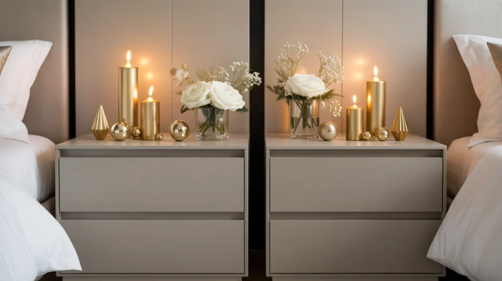 Christmas bedroom nightstands decorated with gold candles, ornaments, and white floral accents.