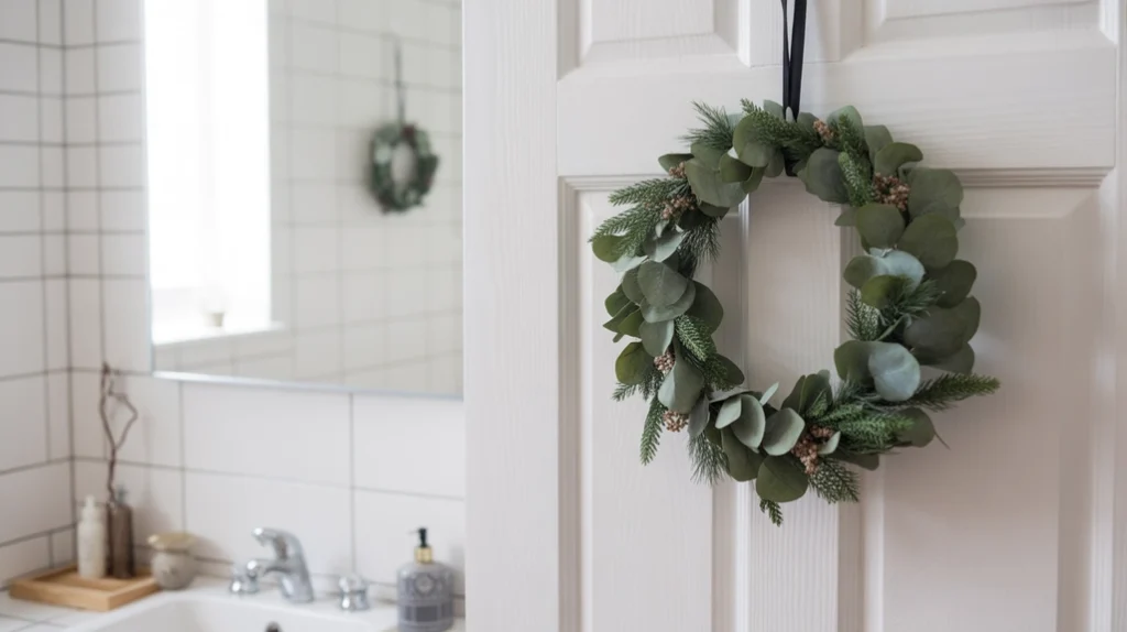 Minimal Nordic Christmas wreath made with eucalyptus or pine for calm Scandinavian bathroom decor.