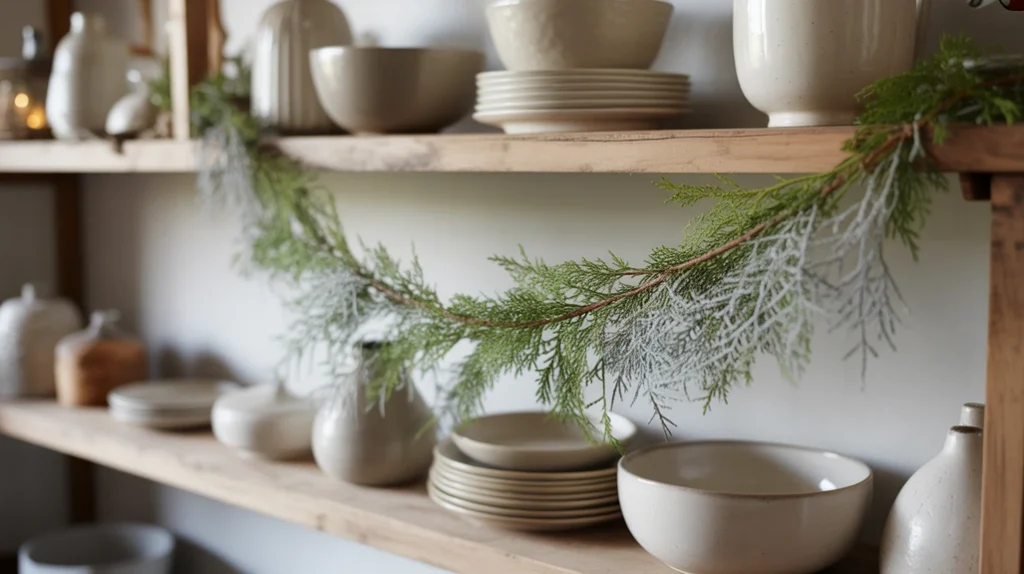 Thin cedar garland decorating open kitchen shelves with rustic holiday charm
