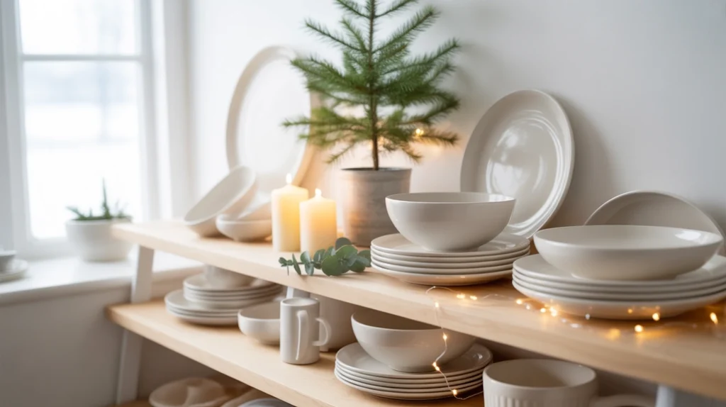 Open kitchen shelves with simple Christmas decor, neutral tones, candles, and small pine plant