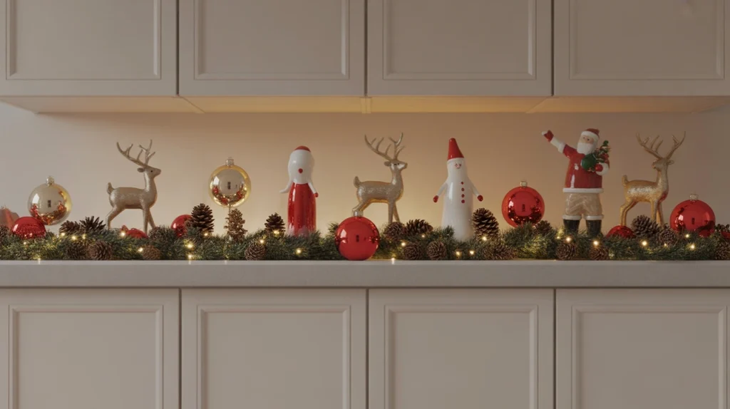 Mini ornaments, pinecones, and Christmas figurines displayed above kitchen cabinets for festive holiday accents