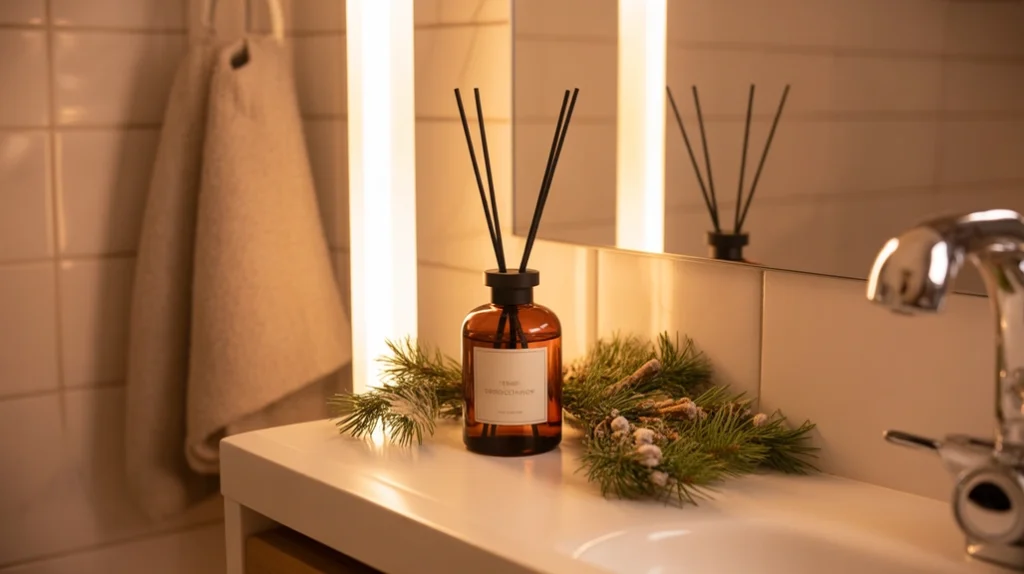 Pine-scented diffuser on a bathroom shelf with natural reeds and gentle seasonal greenery.