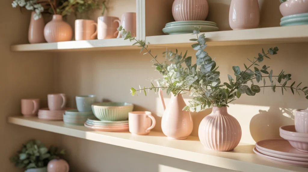 Open kitchen shelves decorated with pink mugs, pastel bowls, and soft Christmas accents