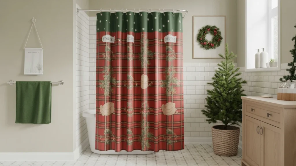 red and green christmas shower curtain adding bold festive color