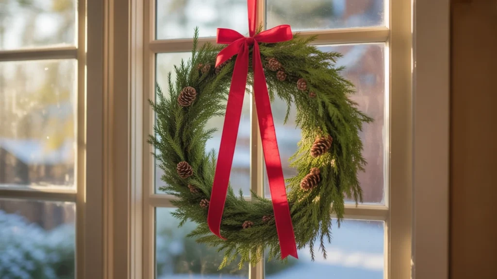 Small Christmas wreaths with red ribbons hanging on kitchen windows for a traditional festive look.