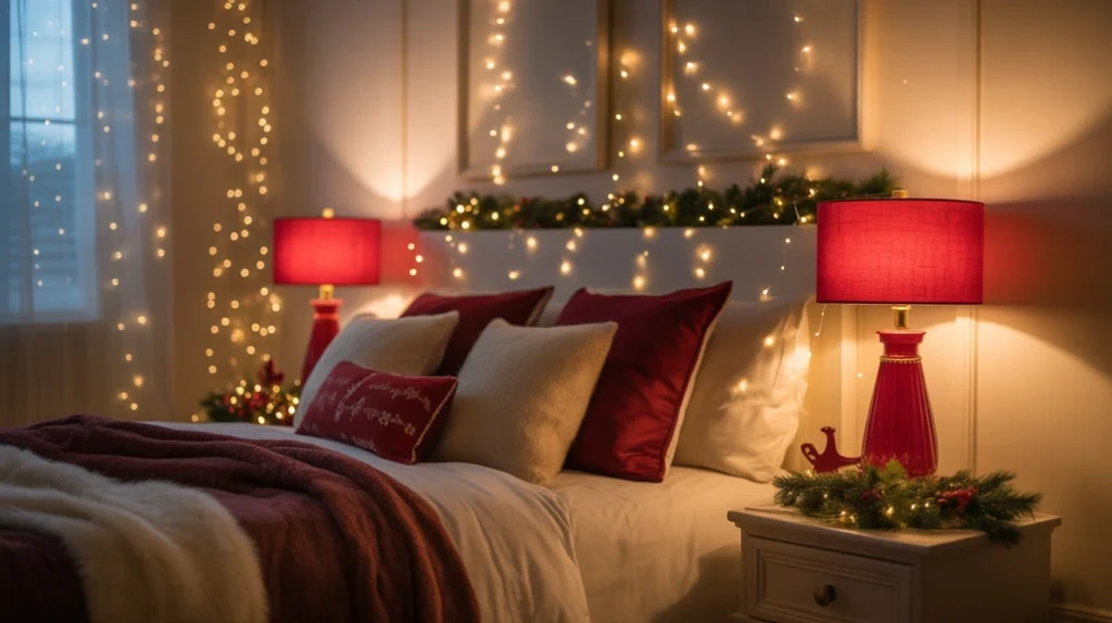 red lamps and fairy lights glowing softly in a cozy christmas bedroom holiday lighting setup
