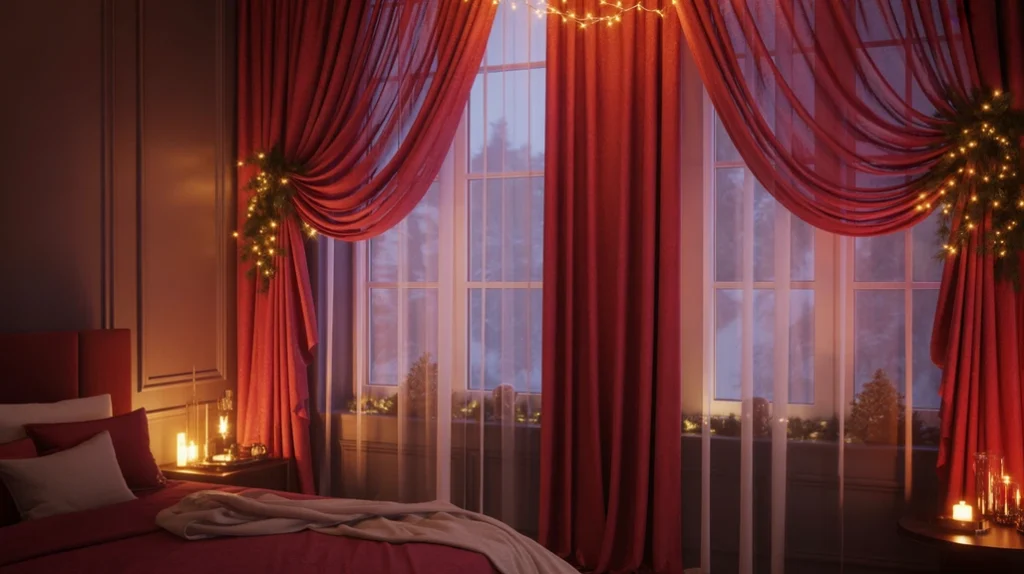 Red velvet curtains adding elegance to a green and red Christmas bedroom