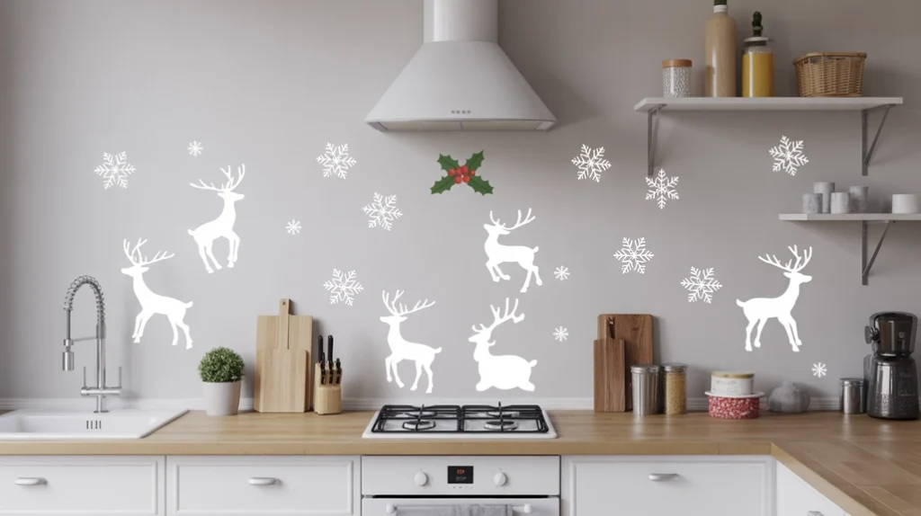 Modern kitchen with removable Christmas wall decals of snowflakes and holly, easy festive kitchen wall decoration.