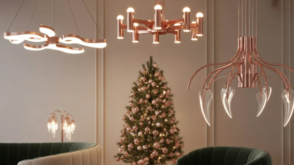 Rose gold chandeliers and lamps illuminating a modern glam Christmas living room with warm festive light.