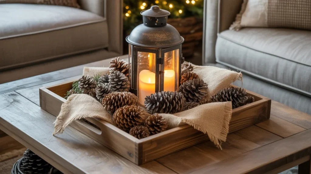 “rustic farmhouse Christmas coffee table decor with lantern, pinecones, and burlap”