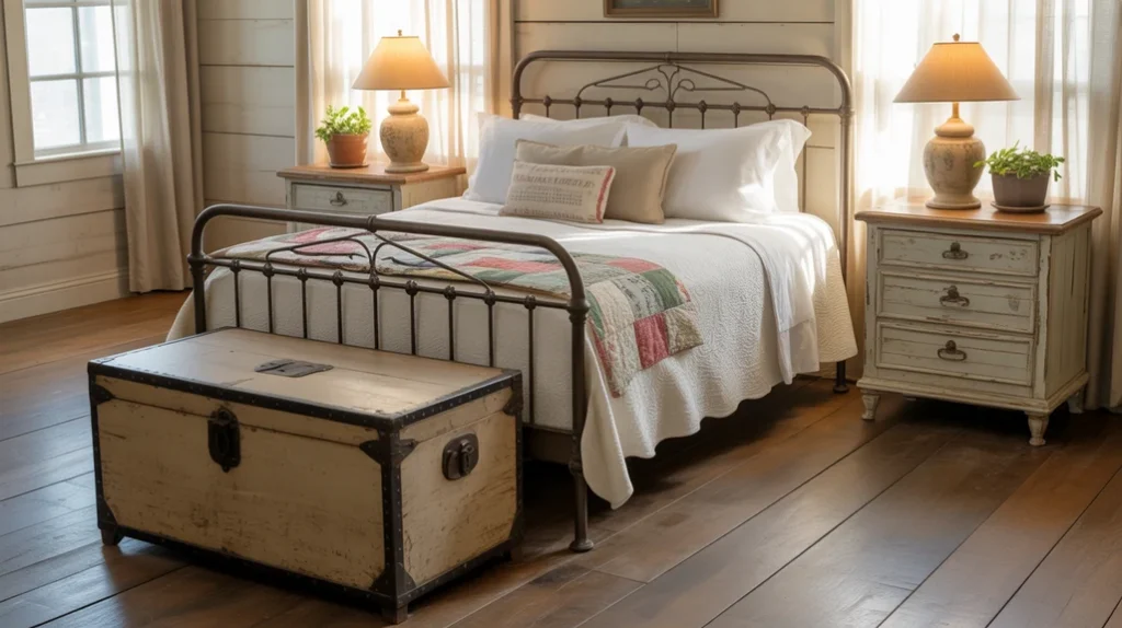 Vintage farmhouse furniture with distressed wood and iron bed frame creating a rustic holiday aesthetic