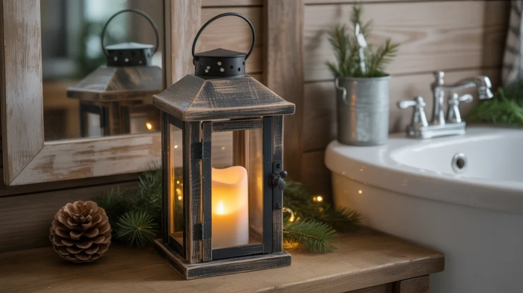 rustic lantern with warm candlelight adding cozy farmhouse christmas glow