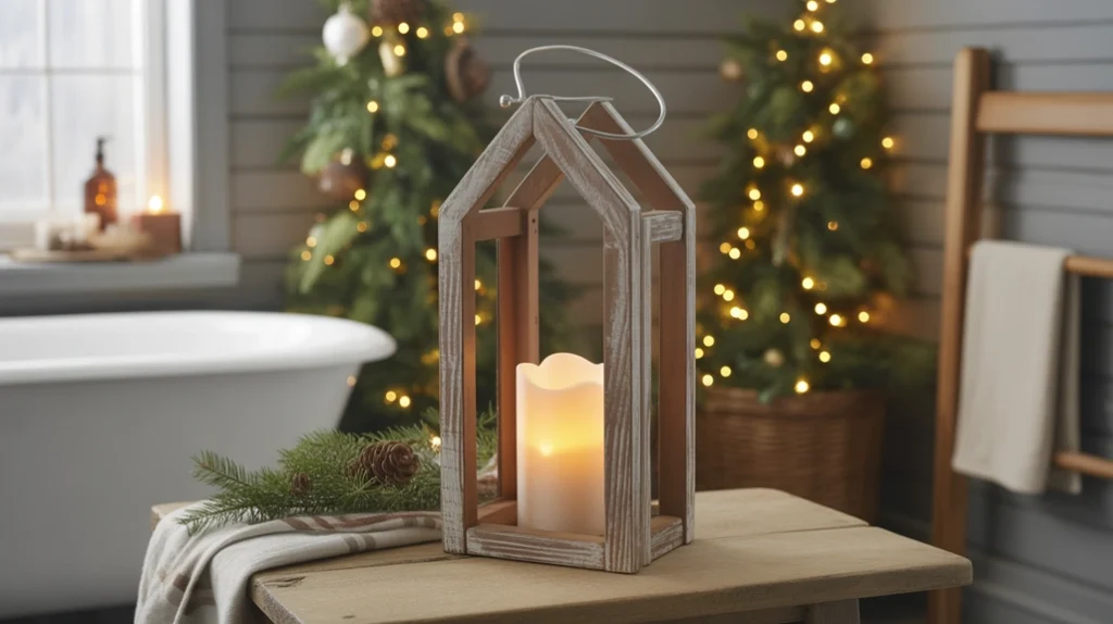 rustic lantern with warm candlelight adding soft country christmas glow to bathroom