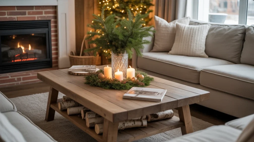 Rustic wood coffee table and natural textures adding warmth to Christmas interior design
