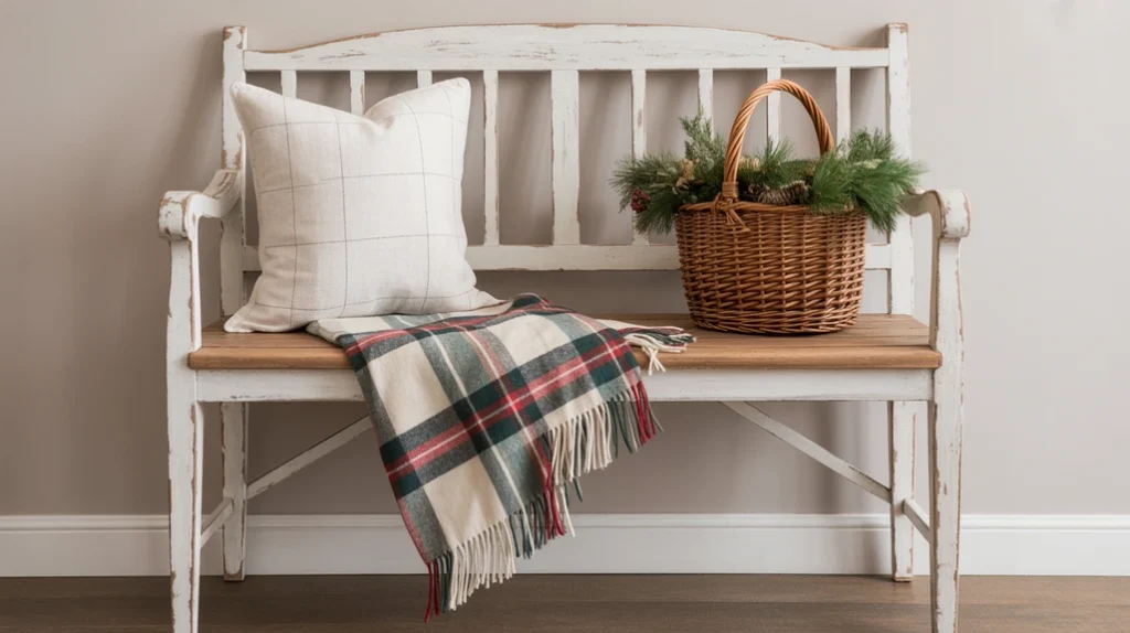 “Rustic wooden bench decorated with holiday accents in a farmhouse Christmas entryway”