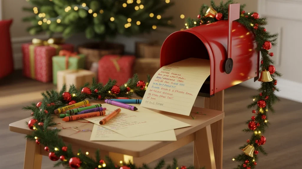 Santa letter writing corner decorated with garland and crayons in a child’s Christmas bedroom